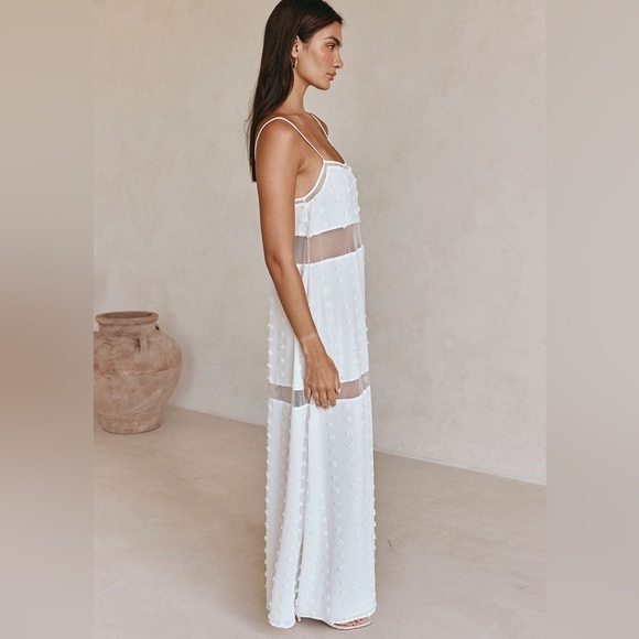 ☀️ [PRICE FIRM] SABO Miliano Illusion Mesh Panel Dot Textured Maxi Dress White - Picture 3 of 15